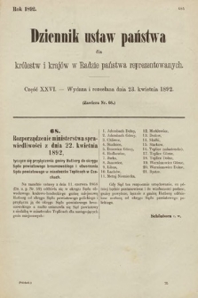 Dziennik Ustaw Państwa dla Królestw i Krajów w Radzie Państwa Reprezentowanych. 1892, cz. 26