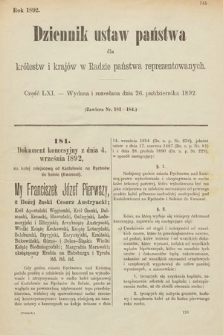 Dziennik Ustaw Państwa dla Królestw i Krajów w Radzie Państwa Reprezentowanych. 1892, cz. 61