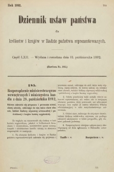 Dziennik Ustaw Państwa dla Królestw i Krajów w Radzie Państwa Reprezentowanych. 1892, cz. 62