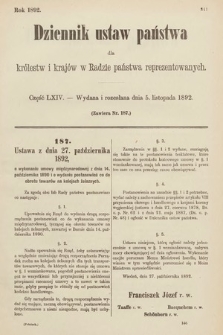 Dziennik Ustaw Państwa dla Królestw i Krajów w Radzie Państwa Reprezentowanych. 1892, cz. 64