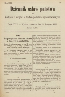 Dziennik Ustaw Państwa dla Królestw i Krajów w Radzie Państwa Reprezentowanych. 1892, cz. 69