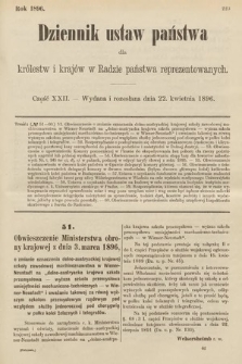 Dziennik Ustaw Państwa dla Królestw i Krajów w Radzie Państwa Reprezentowanych. 1896, cz. 22