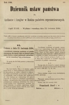Dziennik Ustaw Państwa dla Królestw i Krajów w Radzie Państwa Reprezentowanych. 1896, cz. 23