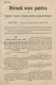 Dziennik Ustaw Państwa dla Królestw i Krajów w Radzie Państwa Reprezentowanych. 1900, cz. 18