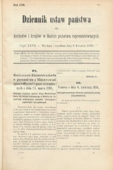 Dziennik Ustaw Państwa dla Królestw i Krajów w Radzie Państwa Reprezentowanych. 1910, cz. 27