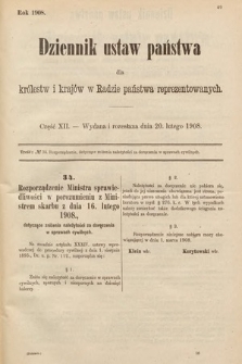 Dziennik Ustaw Państwa dla Królestw i Krajów w Radzie Państwa Reprezentowanych. 1908, cz. 12