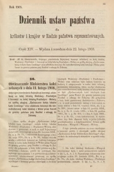 Dziennik Ustaw Państwa dla Królestw i Krajów w Radzie Państwa Reprezentowanych. 1908, cz. 14