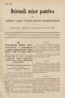 Dziennik Ustaw Państwa dla Królestw i Krajów w Radzie Państwa Reprezentowanych. 1908, cz. 17