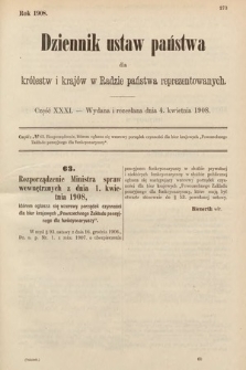 Dziennik Ustaw Państwa dla Królestw i Krajów w Radzie Państwa Reprezentowanych. 1908, cz. 31