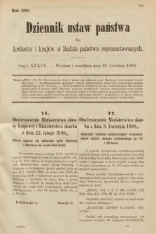 Dziennik Ustaw Państwa dla Królestw i Krajów w Radzie Państwa Reprezentowanych. 1908, cz. 37