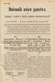 Dziennik Ustaw Państwa dla Królestw i Krajów w Radzie Państwa Reprezentowanych. 1908, cz. 38