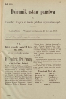 Dziennik Ustaw Państwa dla Królestw i Krajów w Radzie Państwa Reprezentowanych. 1908, cz. 39