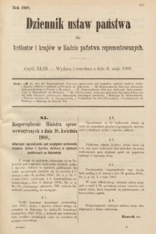 Dziennik Ustaw Państwa dla Królestw i Krajów w Radzie Państwa Reprezentowanych. 1908, cz. 43