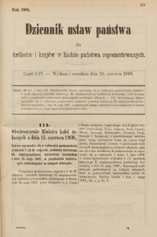 Dziennik Ustaw Państwa dla Królestw i Krajów w Radzie Państwa Reprezentowanych. 1908, cz. 54