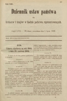 Dziennik Ustaw Państwa dla Królestw i Krajów w Radzie Państwa Reprezentowanych. 1908, cz. 57