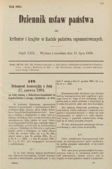 Dziennik Ustaw Państwa dla Królestw i Krajów w Radzie Państwa Reprezentowanych. 1908, cz. 62