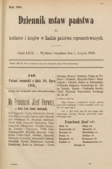 Dziennik Ustaw Państwa dla Królestw i Krajów w Radzie Państwa Reprezentowanych. 1908, cz. 69