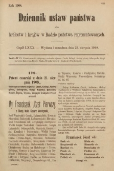 Dziennik Ustaw Państwa dla Królestw i Krajów w Radzie Państwa Reprezentowanych. 1908, cz. 80
