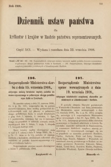 Dziennik Ustaw Państwa dla Królestw i Krajów w Radzie Państwa Reprezentowanych. 1908, cz. 91