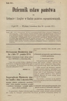 Dziennik Ustaw Państwa dla Królestw i Krajów w Radzie Państwa Reprezentowanych. 1911, cz. 4