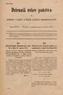 Dziennik Ustaw Państwa dla Królestw i Krajów w Radzie Państwa Reprezentowanych. 1911, cz. 27