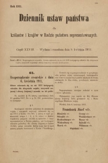 Dziennik Ustaw Państwa dla Królestw i Krajów w Radzie Państwa Reprezentowanych. 1911, cz. 28