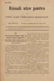 Dziennik Ustaw Państwa dla Królestw i Krajów w Radzie Państwa Reprezentowanych. 1911, cz. 38