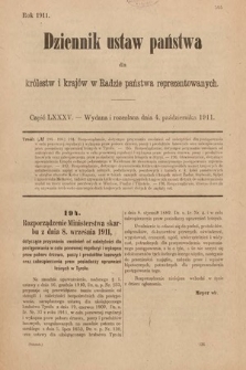Dziennik Ustaw Państwa dla Królestw i Krajów w Radzie Państwa Reprezentowanych. 1911, cz. 85