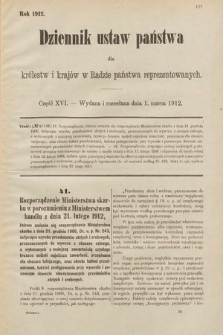 Dziennik Ustaw Państwa dla Królestw i Krajów w Radzie Państwa Reprezentowanych. 1912, cz. 16