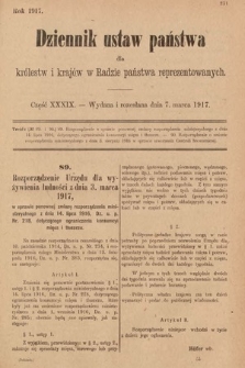 Dziennik Ustaw Państwa dla Królestw i Krajów w Radzie Państwa Reprezentowanych. 1917, cz. 39