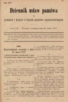 Dziennik Ustaw Państwa dla Królestw i Krajów w Radzie Państwa Reprezentowanych. 1917, cz. 52