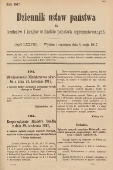 Dziennik Ustaw Państwa dla Królestw i Krajów w Radzie Państwa Reprezentowanych. 1917, cz. 78