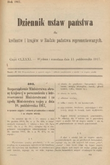 Dziennik Ustaw Państwa dla Królestw i Krajów w Radzie Państwa Reprezentowanych. 1917, cz. 181