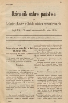 Dziennik Ustaw Państwa dla Królestw i Krajów w Radzie Państwa Reprezentowanych. 1915, cz. 20