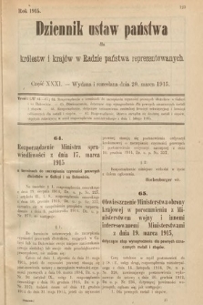 Dziennik Ustaw Państwa dla Królestw i Krajów w Radzie Państwa Reprezentowanych. 1915, cz. 31