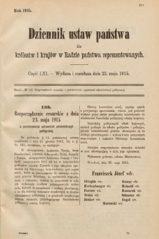 Dziennik Ustaw Państwa dla Królestw i Krajów w Radzie Państwa Reprezentowanych. 1915, cz. 61