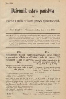 Dziennik Ustaw Państwa dla Królestw i Krajów w Radzie Państwa Reprezentowanych. 1915, cz. 85