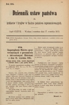 Dziennik Ustaw Państwa dla Królestw i Krajów w Radzie Państwa Reprezentowanych. 1915, cz. 127