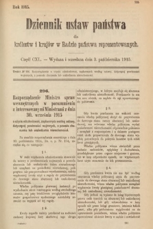 Dziennik Ustaw Państwa dla Królestw i Krajów w Radzie Państwa Reprezentowanych. 1915, cz. 140
