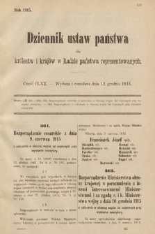 Dziennik Ustaw Państwa dla Królestw i Krajów w Radzie Państwa Reprezentowanych. 1915, cz. 170