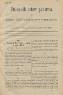 Dziennik Ustaw Państwa dla Królestw i Krajów w Radzie Państwa Reprezentowanych. 1913, nr 20