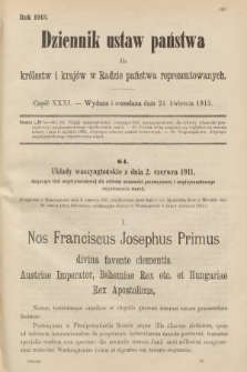 Dziennik Ustaw Państwa dla Królestw i Krajów w Radzie Państwa Reprezentowanych. 1913, nr 31