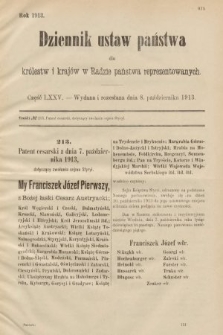 Dziennik Ustaw Państwa dla Królestw i Krajów w Radzie Państwa Reprezentowanych. 1913, nr 75