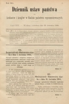 Dziennik Ustaw Państwa dla Królestw i Krajów w Radzie Państwa Reprezentowanych. 1904, nr 21