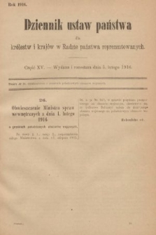 Dziennik Ustaw Państwa dla Królestw i Krajów w Radzie Państwa Reprezentowanych. 1916, nr 15