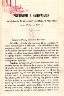 Przemówienie J. Gałęzowskiego na obchodzie 44-ej rocznicy powstania w roku 1863 (w d. 22 stycznia 1907 r.)