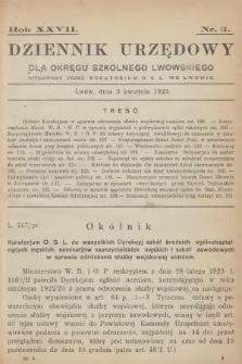 Dziennik Urzędowy dla Okręgu Szkolnego Lwowskiego : wydawany przez Kuratorjum O. S. L. we Lwowie. 1923, nr 3