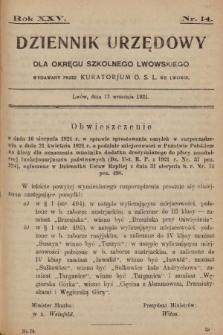 Dziennik Urzędowy dla Okręgu Szkolnego Lwowskiego : wydawany przez Kuratorjum O. S. L. we Lwowie. 1921, nr 14