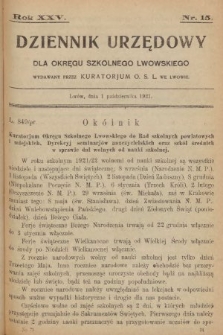 Dziennik Urzędowy dla Okręgu Szkolnego Lwowskiego : wydawany przez Kuratorjum O. S. L. we Lwowie. 1921, nr 15