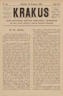 Krakus : pismo poświęcone sprawom politycznym i społecznym, oraz nauce, rozrywce umysłowej i szerzeniu wiadomości pożytecznych. 1894, nr 34